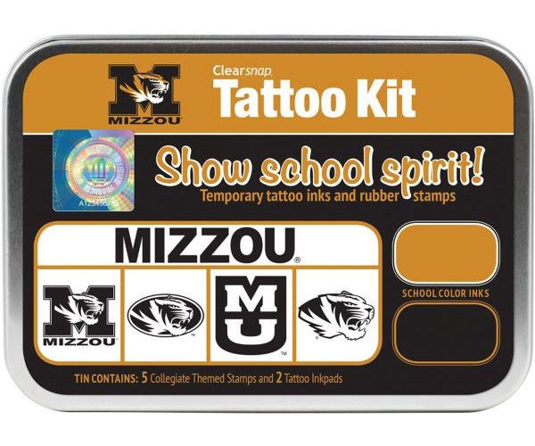 ColorBox CS19640 University of Missouri Collegiate Tattoo Kit, Each tin contains five rubber stamps and two temporary tattoo inkpads themed to match the school's identity, Overall tin size is approximately 4