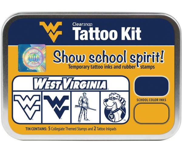 ColorBox CS19642 West Virginia University Collegiate Tattoo Kit, Each tin contains five rubber stamps and two temporary tattoo inkpads themed to match the school's identity, Overall tin size is approximately 4