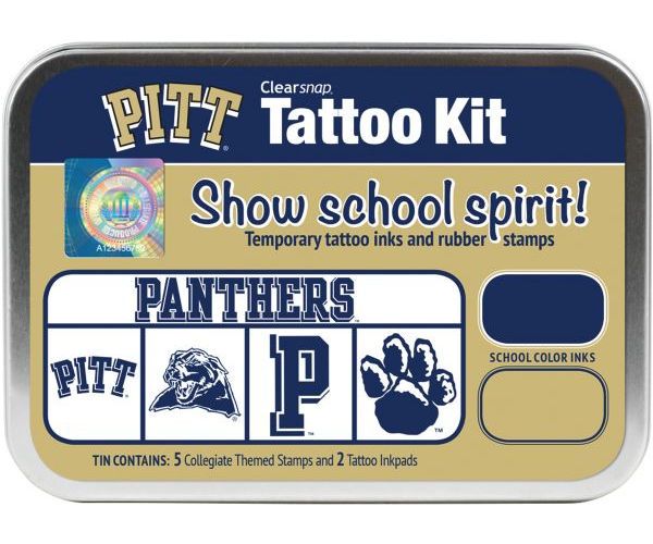 ColorBox CS19645 University of Pittsburgh Collegiate Tattoo Kit, Each tin contains five rubber stamps and two temporary tattoo inkpads themed to match the school's identity, Overall tin size is approximately 4