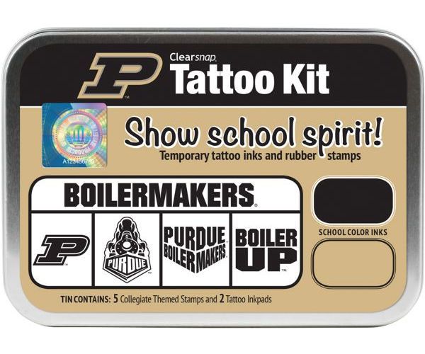 ColorBox CS19646 Purdue University Collegiate Tattoo Kit, Each tin contains five rubber stamps and two temporary tattoo inkpads themed to match the school's identity, Overall tin size is approximately 4