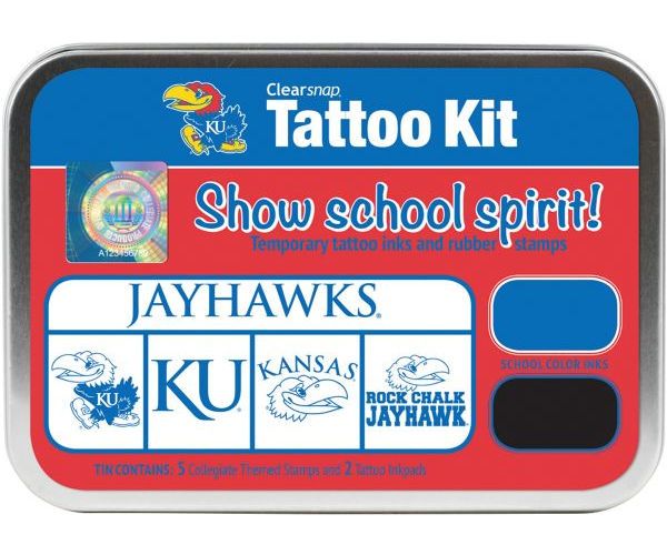 ColorBox CS19648 The University of Kansas Collegiate Tattoo Kit, Each tin contains five rubber stamps and two temporary tattoo inkpads themed to match the school's identity, Overall tin size is approximately 4
