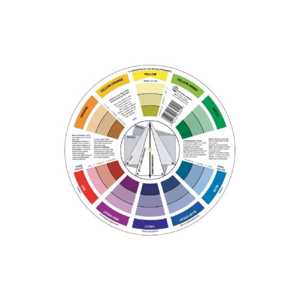 Color Wheel CW9 Large Color Mixing Guide; Easy-to-use tool that visually illustrates relationships between colors and demonstrates the results of color mixing; Features a grayscale, tints and tones, definitions of color terms, and illustrations of color harmonies; Packaged in a clear plastic bag with prepunched hanging header; 9.25