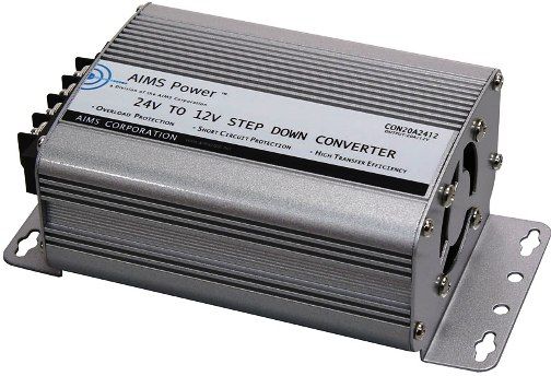 AIMS Power CON20A2412 DC to DC Step Down Converter 20 Amp 24V to 12V, Green LED on front panel to confirm power on, Terminal block for DC input/output, Over Temperature protection, Over Load protection, DC Input Low Battery Shutdown, DC Input High Battery Shutdown, DC Output Short Protection, DC Output Over Current Protection, UPC 840271003078 (CON-20A2412 CON 20A2412 CON20A-2412 CON20A24-12)