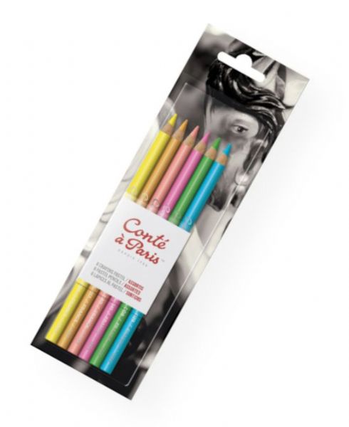 Cont C50114 Pastel Pencils 6-Color Set Bright Hues; The best pastel pencil for blending; Each pencil contains extremely high pigment content for lightfastness; Lead diameter is 5mm and is larger than most other pastel pencils; Excellent for detail in small and medium size formats; Packaged in metal tins; 6-color set, bright hues; Shipping Weight 1.00 lb; Shipping Dimensions 10.5 x 3.5 x 1.00 in; UPC 646217501147 (CONTE50114 CONT-50114 ARTWORK)