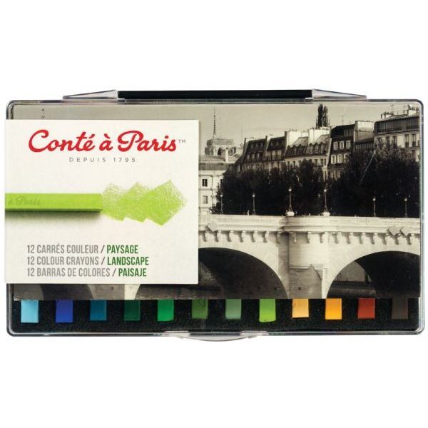 Conte 50130 Pastel Crayon 12-Color Landscape Set; Conte crayons packed in a plastic case; Specially designed for sketching and drawing; Crayon size is perfect for thick and thin strokes for rough or detailed sketches; Gives deep, brilliant colors and precise lines; These highly pigmented, rich, opaque, and long-lasting colors work well on newsprint, bristol, and rough-surfaced papers; UPC 646217501307 (CONTE50130 CONTE-50130 PAINTING DRAWING)