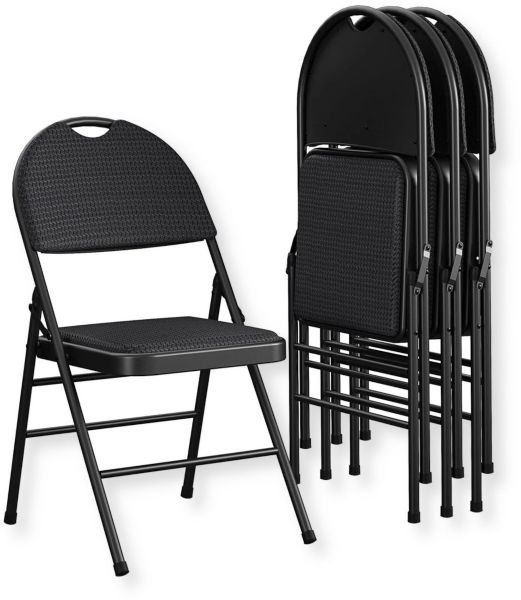 Cosco 37976TMS4E Set of 4 XL Comfort Fabric Padded Folding Chair, Black; Thick Fabric Padded Seat and Back; Convenient Handle Hole for Lightweight Transportation; Constructed of Durable All-Steel; 300 lbs Weight Capacity; For Indoor Use; Foldable for Flat and Compact Storage; Non-marring Foot Caps; Dimensions (HxWxD): 33.25