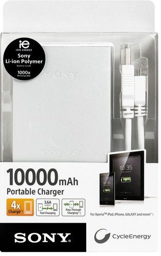 Sony CPF10LS Portable Power Bank, Grey, Internal 10000 mAh Rechargeable Battery, Includes four USB slots but only allows you to charge two devices at once, 1000x rechargeable, Aluminum body design, Easily charge from your PC or AC adapter, Provides additional run time to your smartphone or tablet, Micro USB cable included, UPC 008562013964 (CPF-10LS CPF 10LS CP-F10LS)