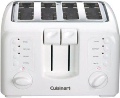 Cuisinart CPT-140 Electronic Cool Touch 4-Slice Toaster, 4-slice toaster with 2 independent LED touchpad controls, 1-1/2-inch-wide toasting slots, Extra-lift carriage levers for removing smaller items, Functions consist of Bagel, Defrost, Reheat, and Cancel, 9-setting LED backlit browning dials, Slide-out crumb tray for quick cleanup, Cord wrap, UPC 086279003744 (CPT140 CPT-140 CPT 140)