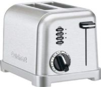 Cuisinart CPT-160 Metal Classic 2-Slice Toaster; Smooth brushed stainless housing with polished chrome and black accents; Custom control: 6-Setting browning dials, reheat, defrost and bagel buttons with LED Indicators; 1 1/2" wide toasting slots; Extra-lift carriage lever; Slide-out crumb tray; Convenient cord wrap; UPC 086279003751 (CPT160 CPT 160 CP-T160) 
