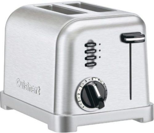 Cuisinart CPT-160 Metal Classic 2-Slice Toaster; Smooth brushed stainless housing with polished chrome and black accents; Custom control: 6-Setting browning dials, reheat, defrost and bagel buttons with LED Indicators; 1 1/2