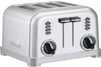 Cuisinart CPT-180 Metal Classic 4-Slice Toaster; Dual control panels make this two toasters in one; Smooth brushed stainless housing with polished chrome and black accents; Custom control: Two 6-setting browning dials, dual reheat, defrost and bagel buttons with LED indicators; 1 1&#8260;2" wide toasting slots; Extra-lift carriage lever; Slide-out crumb tray; UPC 086279003775 (CPT180 CPT 180 CP-T180) 