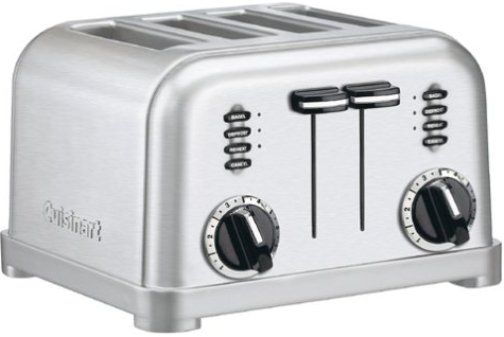 Cuisinart CPT-180 Metal Classic 4-Slice Toaster; Dual control panels make this two toasters in one; Smooth brushed stainless housing with polished chrome and black accents; Custom control: Two 6-setting browning dials, dual reheat, defrost and bagel buttons with LED indicators; 1 1⁄2