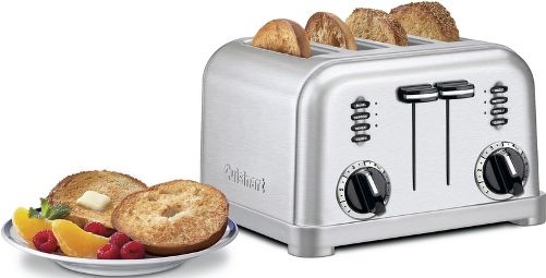 Cuisinart CPT-180BCH Metal Classic 4-Slice Toaster; Dual control panels make this two toasters in one; Smooth brushed stainless housing with polished chrome and black accents; Custom control: Two 6-setting browning dials, dual reheat, defrost and bagel buttons with LED indicators; 11⁄2