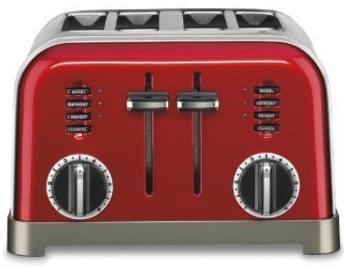 Cuisinart CPT-180MR Metal Classic 4-Slice Toaster; Dual control panels make this two toasters in one; Smooth brushed stainless housing with polished chrome and black accents; Custom control: Two 6-setting browning dials, dual reheat, defrost and bagel buttons with LED indicators; 1 1/2