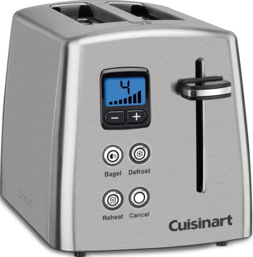Cuisinart CPT-415 Two-Slice Countdown Metal Toaster; Stainless steel housing; 7 shade settings; Blue backlit LCD countdown feature; Blue LED function buttons; Bagel, Defrost, & Reheat options; Removable crumb tray; 1-1/2
