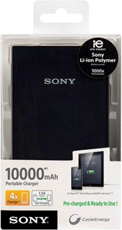 Sony CP-V10AB Portable Power Supply, 10000 mAh Battery capacity, Additional devices run time Up to 14-40 hours talk, Recharge 1000 times, Output current 1.5A, Charging time 13 Hrs (AC) 23 Hrs (USB), Micro USB Cable, UPC 008562016224 (CPV10AB CP V10AB CPV-10AB)