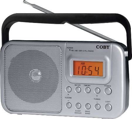 Coby CR201SL AM/FM Shortwave Radio, Silver; AM/FM/SW1/SW2 bands with digital tuning and a built-in clock; Convenient carry handle as well as a telescoping antenna which ensures good reception from your favorite stations; Include a backlit display, alarm clock, and both sleep as well as snooze functions; UPC 812180023058 (CR-201SL CR 201SL CR201-SL CR201 SL)