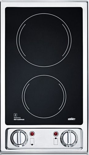 Summit CR2B120 Two-burner 120V Electric Cooktop with Smooth Black Ceramic Glass Surface, Two heating elements, One 900W burner and one 600W burner in smooth ceramic glass, Includes push-to-turn knobs and heat indicator lights for safer use, Indicator lights, Designed for built-in installation, Dimensions 2.5