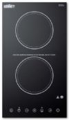 Summit CR2B15T1B Electric Smoothtop Style Cooktop 12" With 2 Elements, ADA Compliant, In Black; Schott glass surface, easy cleanup and elegant style on a smooth ceramic glass surface in a jet black finish; 9 power levels, select and adjust your heating levels at the touch of a button; Designed for built-in installation, fits counter cutout sizes that are 10.75" wide by 19.9" deep; UPC 761101053271 (SUMMITCR2B15T1B SUMMIT CR2B15T1B SUMMIT-CR2B15T1B) 
