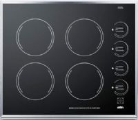 Summit CR424BL Wide 24" 4-burner Electric Cooktop with Smooth Black Ceramic Glass Surface, Designed to fit 22.13" W x 18.63" D cutouts, Four 1200W burners made by E.G.O. in Germany, Push-to-turn knobs, Each burner includes an indicator light to show when the unit is on, 304 grade stainless steel trim adds durable support with professional style (CR-424BL CR 424BL CR424B CR424) 