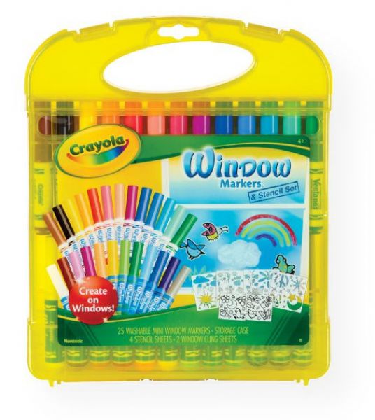 Crayola 04-5229 Washable Window Markers & Stencil Set; Everything needed to turn a window or mirror into a work of art! Set includes 25 mini washable window markers, 4 stencil sheets, 2 window gel cling sheets, and a storage case; Ages 4+; Shipping Weight 1.36 lb; Shipping Dimensions 1.25 x 9.35 x 11.28 in; UPC 071662052294 (CRAYOLA045229 CRAYOLA-045229 CRAYOLA-04-5229 CRAYOLA/045229 DRAWING)