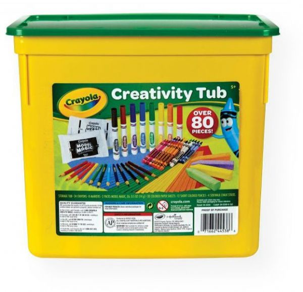 Crayola 04-5358 Creativity Tub; Contains beginner art supplies, all packed in a reusable transport tub; Includes 24 crayons, 8 markers, 2 packs of Model Magic clay, 30 colored paper sheets, 12 short colored pencils, 4 sidewalk chalk sticks; Contents subject to vary/change; Ages 5+; Shipping Weight 3.49 lbs; Shipping Dimensions 6.50 x 9.50 x 8.50 inches; UPC 071662445386 (CRAYOLA045358 CRAYOLA-045358 CRAYOLA-04-5358 CRAYOLA/045358 045358 PAINTING DRAWING SKETCHING)