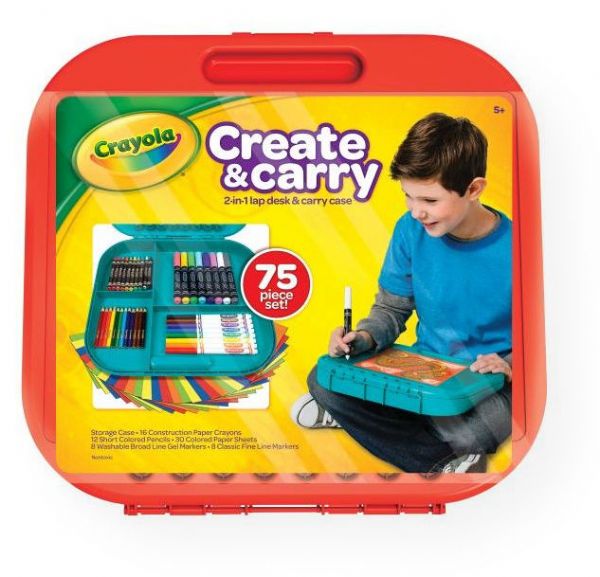 Crayola 04-6814 Create N Carry Case; 2-in-1 art storage case and lap desk that contains a variety of Crayola art tools; Includes 16 Construction Paper Crayons, 8 washable Gel-FX Markers, 8 classic Fine Line Markers, 12 Short Colored Pencils and 30 sheets of Construction Paper; This all-in-one carry case makes a great gift! Please Note: color cannot be specified and will be red OR blue; UPC 071662168148 (CRAYOLA046814 CRAYOLA-04-6814 DRAWING SKETCHING)