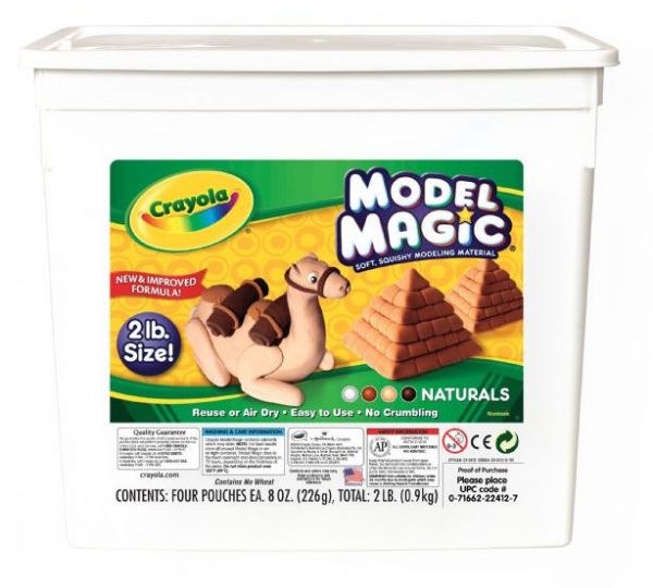 Crayola 23-2412 Model Magic Resalable Bucket 2lb Natural; 2 lb plastic buckets contain four 8 oz packages; Naturals: white, bisque, terra cotta, earthtone; Neon: radical red, yellow green, laser lemon, shocking pink; White: All white packages; Primary: white, red, blue, yellow; Reuse or air dry, easy to use, no crumbling - soft, squishy modeling material; Ages 6+; Shipping Weight 3.12 lb; UPC 071662224127 (CRAYOLA232412 CRAYOLA-232412 MODEL-MAGIC-23-2412 CRAYOLA-232412 TOY MODELING)