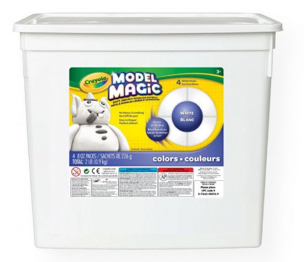 Crayola 57-4400 Model Magic Resalable Bucket 2lb White; 2 lb plastic buckets contain four 8 oz packages; Naturals: white, bisque, terra cotta, earthtone; Neon: radical red, yellow green, laser lemon, shocking pink; White: All white packages; Primary: white, red, blue, yellow; Reuse or air dry, easy to use, no crumbling - soft, squishy modeling material; Ages 6+; Shipping Weight 3.12 lb; UPC 071662000769 (CRAYOLA574400 CRAYOLA-574400 MODEL-MAGIC-57-4400 CRAYOLA-574400 TOY MODELING)