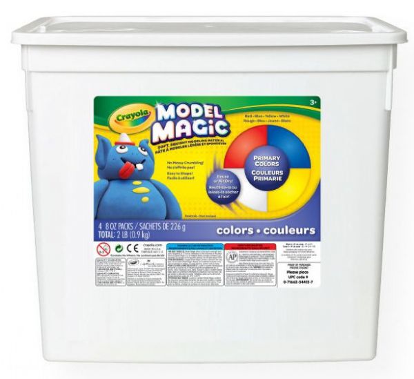 Crayola 57-4415 Model Magic Resalable Bucket 2lb Primary; 2 lb plastic buckets contain four 8 oz; packages; Naturals: white, bisque, terra cotta, earthtone; Neon: radical red, yellow green, laser lemon, shocking pink; White: All white packages; Primary: white, red, blue, yellow; Reuse or air dry, easy to use, no crumbling - soft, squishy modeling material; Ages 6+; Shipping Weight 3.12 lb; UPC 071662544157 (CRAYOLA574415 CRAYOLA-574415 MODEL-MAGIC-57-4415 CRAYOLA-574415 TOY MODELING)