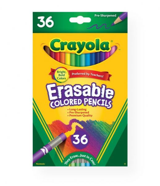 Crayola 68-1036 Erasable Colored Pencils 36-Color Set; Kids can add a colorful flair to their homework and artistic compositions without any fear of making mistakes; Unlike regular colored pencils, these colored pencils have an easy-to-erase score, so kids can simply erase and continue their work without having to start over; Made with thick, soft lead, so they won't break easily under pressure; UPC 071662210366 (CRAYOLA681036 CRAYOLA-681036 CRAYOLA-68-1036 CRAYOLA/681036 DRAWING SKETCHING)
