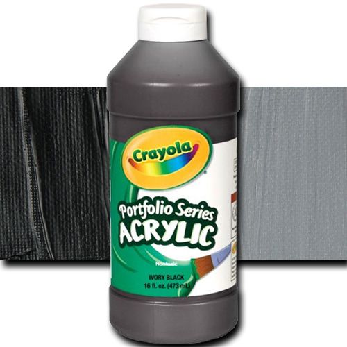 Crayola BAS250 Portfolio Series, Acrylic Paint, Ivory Black, 16 oz; Can be used straight from the bottle or thinned with water; For application on surfaces such as paper, canvas, wood, fabric and clay; Easy clean-up with soap and water; Certified AP non-toxic by ACMI; 16 oz. plastic bottle; Dimensions 2.75