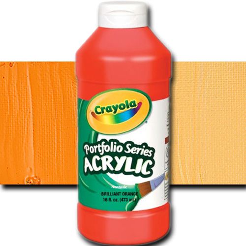 Crayola BAS270 Portfolio Series, Acrylic Paint, Brilliant Orange, 16 oz; Can be used straight from the bottle or thinned with water; For application on surfaces such as paper, canvas, wood, fabric and clay; Easy clean-up with soap and water; Certified AP non-toxic by ACMI; 16 oz. plastic bottle; Dimensions 2.75