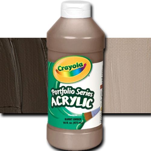 Crayola BAS275 Portfolio Series, Acrylic Paint, Burnt Umber, 16 oz; Can be used straight from the bottle or thinned with water; For application on surfaces such as paper, canvas, wood, fabric and clay; Easy clean-up with soap and water; Certified AP non-toxic by ACMI; 16 oz. plastic bottle; Dimensions 2.75