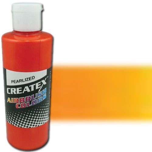Createx 5312-04 Airbrush Paint, 4oz, Pearlescent Tangerine; Made with light-fast pigments and durable resins; Works on fabric, wood, leather, canvas, plastics, aluminum, metals, ceramics, poster board, brick, plaster, latex, glass, and more; Colors are water-based, non-toxic, and meet ASTM D4236 standards; Dimensions 2.75