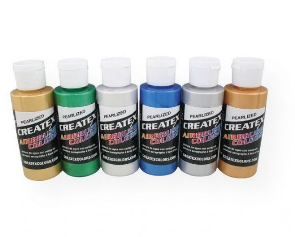 Createx 5804-00 Airbrush Pearlescent 6-Color Set; Createx Airbrush Colors are the number one, most widely used and trusted professional airbrush paint in the world; Made with light-fast pigments, durable resins and quality ingredients, Createx works on fabric, wood, leather, canvass, plastics, aluminum, metals, ceramic, clay, poster board, brick, plaster, latex, glass and more; UPC 717893058048 (CREATEX580400 CREATEX-5804-00 PAINTING)