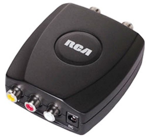 RCA CRF907 Compact RF Modulator, Auto-switching automatically detects the incoming video source, Allows connection of an audio/video component, such as a DVD player, video game system, camcorder, etc., to a TV not equipped with an audio/video jack; UPC 079000327622, Replaced CRF900 (CRF907 CRF 907 CRF-907 CR-F907 CRF9-07)
