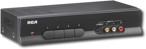 RCA CRF940 RF Modulator and Video Switcher with 4 Inputs, 1-output audio/video switcher, Stereo analog-left/right RCA audio connections, composite-video and S-video jacks, Front-panel input accommodates spontaneous hookups, RF antenna input, RF output to TV, UPC 079000323020 (CRF 940 CRF-940 CRF940)