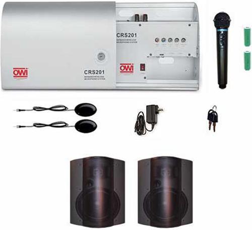 OWI CRS201-H-8378B2 Infrared Wireless Microphone System with with Handheld Mic Kit, 2 each 6 inch P8378 Black Surface Mount speakers, IR Carrier Frequency: 2.06 MHz and 2.56 MHz, Deviation Range: +40 KHz, Input Sensitivity - LINE: 150 mV, Input Sensitivity - TV / DVD: 150 mV (Unbalanced Line Mono), Input Sensitivity - COMP: 150 mV (Unbalanced Line Mono), S/N - LINE: more than 70 dB, S/N - TV / DVD: more than 70 dB, UPC 092087111236 (CRS201H8378B2 CRS201-H-8378B2)