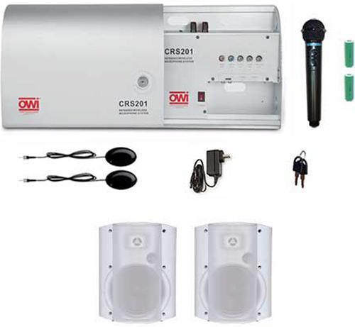 OWI CRS201-H-8378W2 Infrared Wireless Microphone System with with Handheld Mic Kit, 2 each 6 inch P8378 White Surface Mount speakers; IR Carrier Frequency: 2.06 MHz and 2.56 MHz, Deviation Range: +40 KHz, Input Sensitivity - LINE: 150 mV, Input Sensitivity - TV / DVD: 150 mV (Unbalanced Line Mono), Input Sensitivity - COMP: 150 mV (Unbalanced Line Mono), S/N - LINE: more than 70 dB, S/N - TV / DVD: more than 70 dB, UPC 092087111250 (CRS201H8378W2 CRS201-H-8378W2)