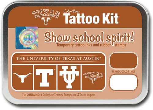 ColorBox CS19603 University Of Texas, Austin Collegiate Tatto Kit; Show school spirit with officially licensed collegiate product; Each tin contains five rubber stamps and two temporary tattoo inkpads themed to match the school's identity; Overall tin size is approximately 4