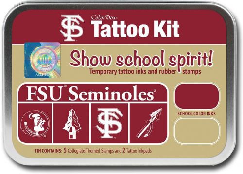 ColorBox CS19604 Florida State University Collegiate Tatto Kit, Show school spirit with officially licensed collegiate product, Each tin contains five rubber stamps and two temporary tattoo inkpads themed to match the school's identity, Overall tin size is approximately 4