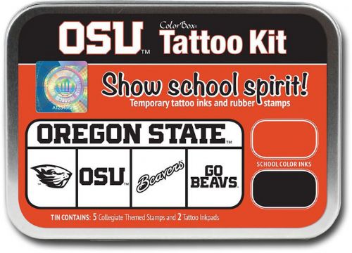 ColorBox CS19607 Oregon State University Collegiate Tatto Kit, Show school spirit with officially licensed collegiate product, Each tin contains five rubber stamps and two temporary tattoo inkpads themed to match the school's identity, Overall tin size is approximately 4
