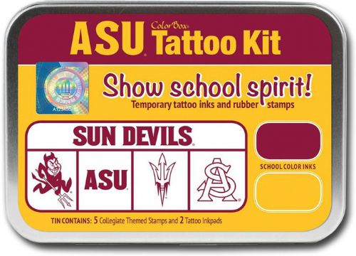ColorBox CS19608 Arizona State University Collegiate Tatto Kit, Show school spirit with officially licensed collegiate product, Each tin contains five rubber stamps and two temporary tattoo inkpads themed to match the school's identity, Overall tin size is approximately 4