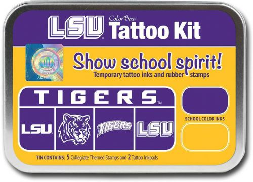 ColorBox CS19610 Louisiana State University Collegiate Tattoo Kit, Show school spirit with officially licensed collegiate product, Each tin contains five rubber stamps and two temporary tattoo inkpads themed to match the school's identity, Overall tin size is approximately 4