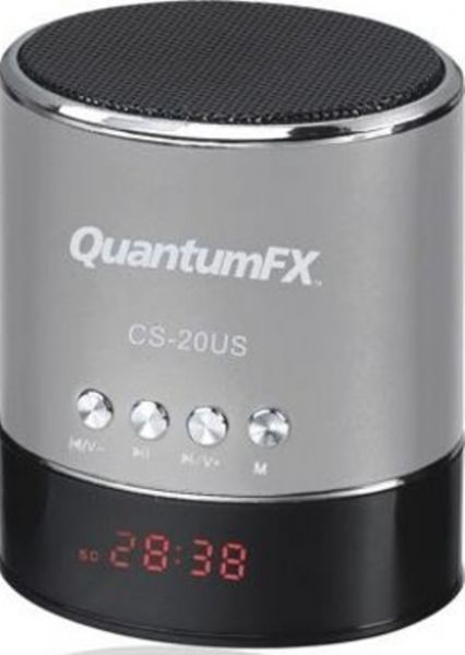 QFX CS-20US-SVR  Portable Multimedia Speaker with USB/Micro SD/FM Radio, USB/Micro SD Ports, 3W Speaker, Compatible with PC, CD Players and MP3/MP4 Players, Built-in Lithium battery, DC 5.0V Mini USB Input, USB to Mini USB Charging Cable, 3.5mm Stereo Male to 3.5mm Stereo Male, Silver Finish, UPC 606540001240 (CS-20US-SVR CS20USSVR CS 20US SVR CS 20US CS-20US CS20US)