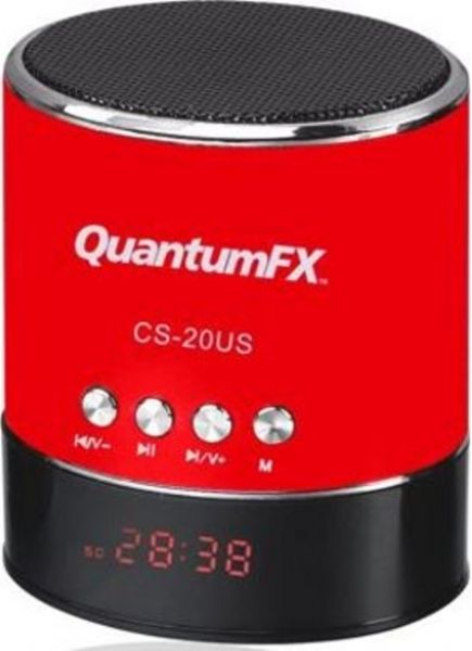 QFX CS-20US-RED  Portable Multimedia Speaker with USB/Micro SD/FM Radio, USB/Micro SD Ports, 3W Speaker, Compatible with PC, CD Players and MP3/MP4 Players, Built-in Lithium battery, DC 5.0V Mini USB Input, USB to Mini USB Charging Cable, 3.5mm Stereo Male to 3.5mm Stereo Male, Red Color, UPC 606540000977 (CS-20US-RED CS20USRED CS 20US RED CS 20US CS-20US CS20US)