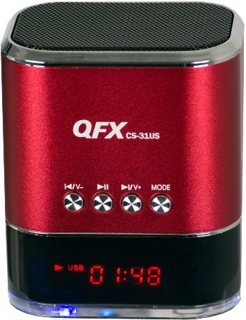 QFX CS-31US-RED Portable Multimedia Speaker with USB/Micro SD Port and FM Radio, Red, LED Display, Compatible with PC, CD Players and MP3/MP4 Players, Built-in Lithium battery, DC 5.0V Mini USB Input, USB to Mini USB Charging Cable, 3.5mm Stereo Male to Mini USB AUX, Gift Box Dimensions 2.5x2.25x4.75, Weight 0.60 Lbs, UPC 606540019030 (CS31USRED CS31US-RED CS-31USRED CS-31US CS31US CS 31US)
