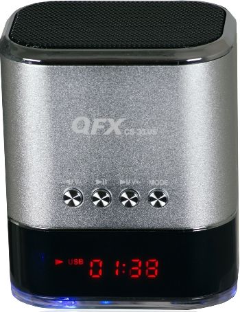QFX CS-31US-SIL Portable Multimedia Speaker with USB/Micro SD Port and FM Radio, Silver, LED Display, Compatible with PC, CD Players and MP3/MP4 Players, Built-in Lithium battery, DC 5.0V Mini USB Input, USB to Mini USB Charging Cable, 3.5mm Stereo Male to Mini USB AUX, Gift Box Dimensions 2.5x2.25x4.75, Weight 0.60 Lbs, UPC 606540019016 (CS31USSIL CS31US-SIL CS-31USSIL CS-31US CS31US CS 31US)