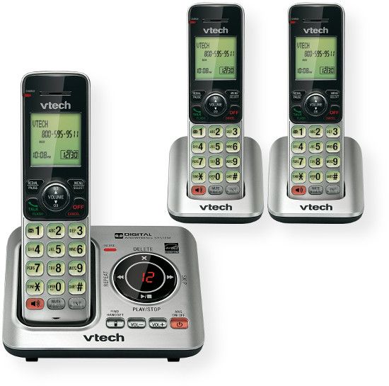 VTech CS6629-3 Multi Handset Phone System; Silver with Black; includes 3 handsets; DECT 6.0; 14 minute digital answering system; handset speakerphone; handset intercom; multi handset conference call; 50 number CWCID; 50 name and number directory; voicemail waiting indicator; any key answer; backlit keypad and display; handset volume control; ECO mode; quiet mode; trilingual menu; call screening and intercept; UPC 735078025586 (CS6629-3 CS66293 CS6629-3PHONESYSTEM CS66293PHONESYSTEM CS66293VTECH 